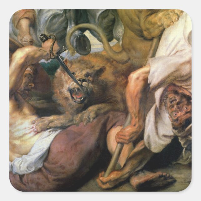 Lion Hunt, detail of two men and a lion, 1621 Square Sticker (Front)
