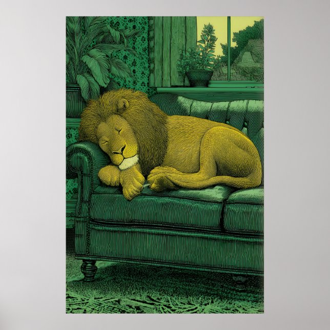 Lion Illustration Print Serene Indoor Setting (Front)