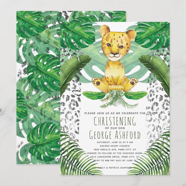 Lion Illustration Safari Christening Invitation (Front/Back)
