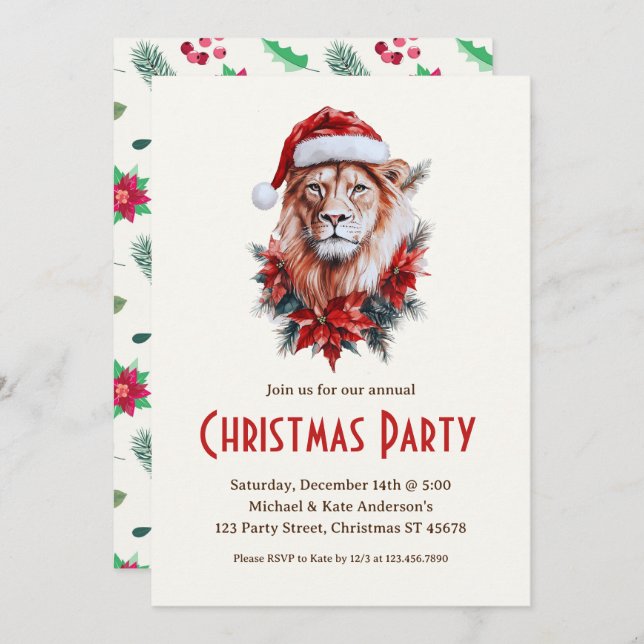 Lion in a Santa Hat Safari Animal Christmas Party  Invitation (Front/Back)