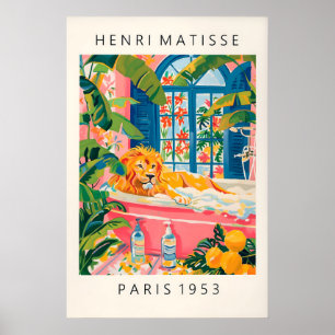 Lion in Bathtub Art Print Matisse Style Pink