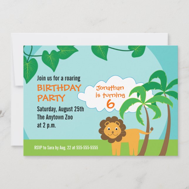 Lion in Jungle, Childs Birthday Party Invitation (Front)