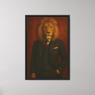 Lion in Suit Portrait Framed Canvas Wall Art