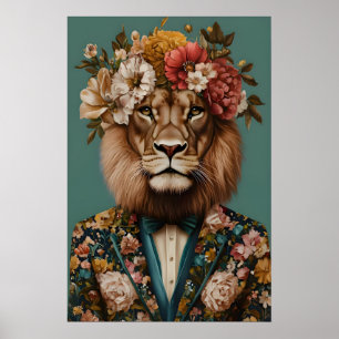 Lion In Suit Poster, Lion Portrait, Lion Oil Poster
