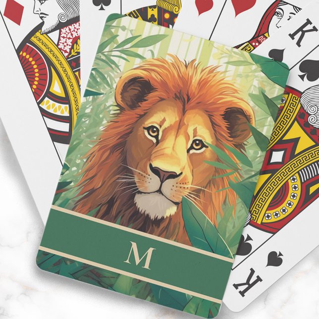 Lion Jungle Painting Monogram Initial Playing Cards (Lion in the jungle painting playing cards, personalized with your monogram)