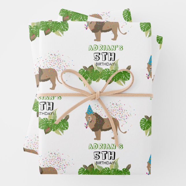 Lion Jungle Partying Animals Birthday Party Custom Wrapping Paper Sheet (In situ)