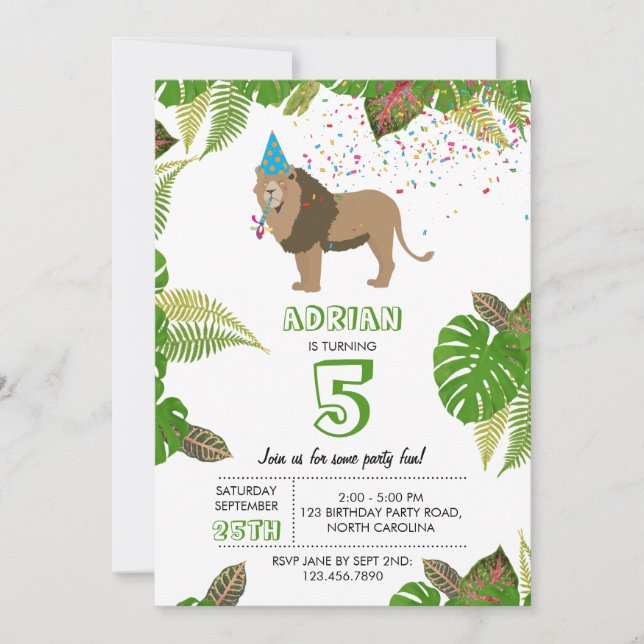 Lion Jungle Partying Animals Birthday Party Invitation (Front)