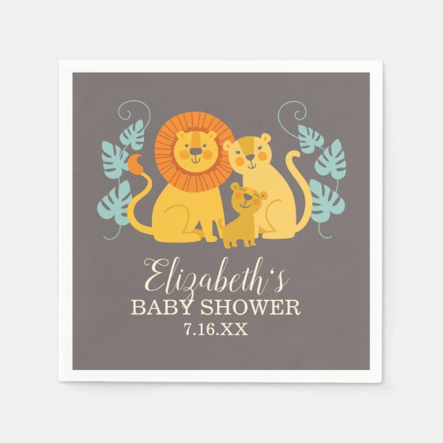 Lion Jungle Safari Grey Baby Boy Shower Napkin (Front)