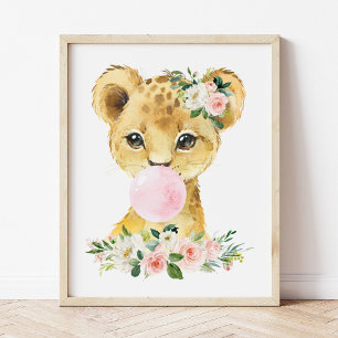 Lion, Jungle Safari, Pink Bubble Gum, Girl Nursery Photo Print