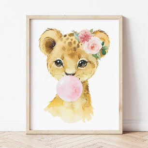 Lion, Jungle Safari, Pink Bubble Gum, Girl Nursery Photo Print