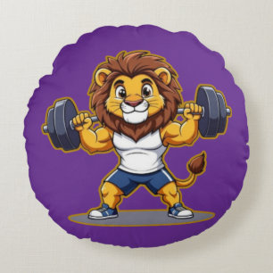 Lion Lifting Light Weights – Cute Gym Animal Illus Round Cushion