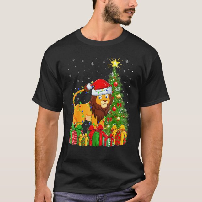 Lion Lighting Xmas Tree Santa Hat Lion Christmas T-Shirt (Front)
