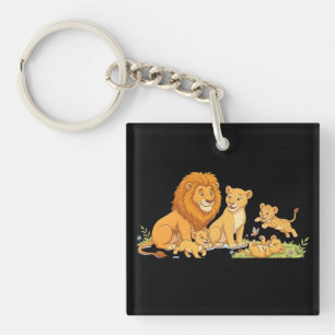 Lion Lioness and Cabs Cartoon Style Key Ring
