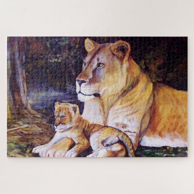 Lion/lioness and cub/kitten in shade jigsaw puzzle (Horizontal)