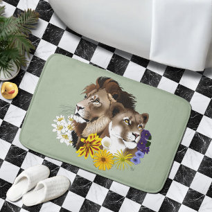 Lion Lioness Floral Green Bath Mat