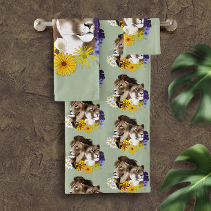 Lion Lioness Floral Green  Bath Towel Set