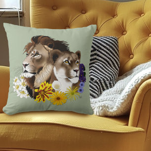 Lion Lioness Floral Green Cushion