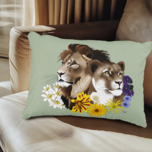 Lion Lioness Floral Green Decorative Cushion