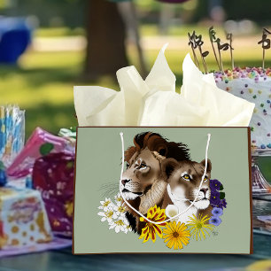 Lion Lioness Floral Green Large Gift Bag