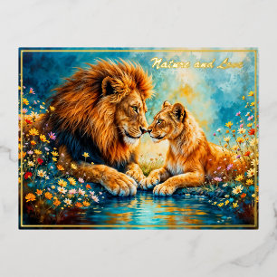 Lion Lioness wild cats nature love wildlife Foil Holiday Postcard
