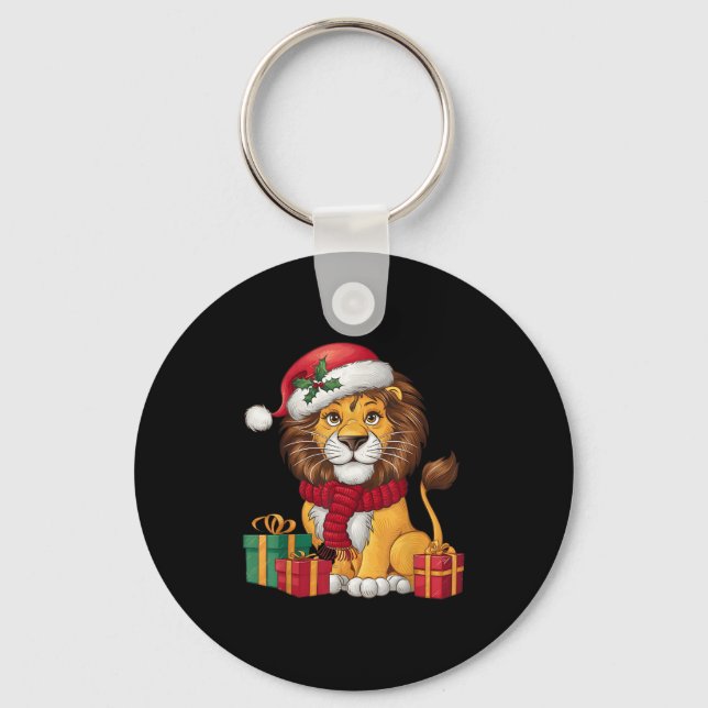 Lion Lover Xmas Holiday Santa Lion Christmas  Key Ring (Front)