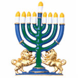 Lion Menorah Sculpture Standing Photo Sculpture<br><div class="desc">Acrylic photo sculpture of a blue,  green and gold menorah with nine lighted candles and two gold lions at the base. See matching acrylic photo sculpture pin,  keychain,  magnet and ornament. See the entire Hanukkah Photo Sculpture collection under the HOME category in the HOLIDAYS section.</div>