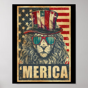 Lion Merica Vintage American Flag 4th Of July Poster