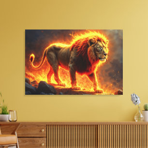 Lion of flames burning volcano fire fantasy art canvas print