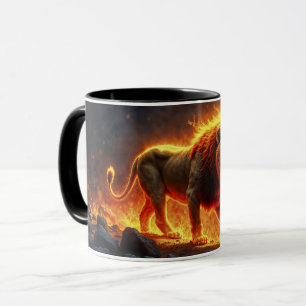 Lion of flames burning volcano fire fantasy art mug
