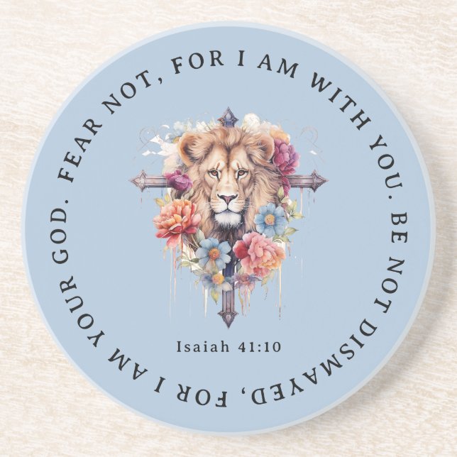 Lion Of God Wild Flowers Fear Not Bible Verse Blue Coaster (Front)