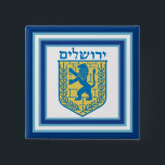 Lion of Judah Emblem Jerusalem Hebrew 15 Cm Square Badge<br><div class="desc">Square button with an image of a blue and yellow Lion of Judah emblem on white with light blue and dark blue borders and “Jerusalem” in Hebrew in blue letters above it. See matching square charm, large round premium metal keychain, square double-sided acrylic keychain, round necklace and wrist watch. See...</div>