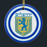 Lion of Judah Emblem Jerusalem Hebrew Ceramic Tree Decoration<br><div class="desc">Round ceramic ornament with an image,  on both sides,  of a blue and yellow Lion of Judah emblem and wide double blue borders trimmed in light blue on white. See the entire Hanukkah Ornament collection under the HOME category in the HOLIDAYS section.</div>