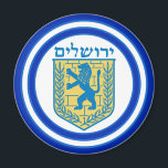 Lion of Judah Emblem Jerusalem Hebrew Magnet<br><div class="desc">Round magnet with an image of a blue and yellow Lion of Judah emblem and wide double blue borders trimmed in light blue on white. See the entire Hanukkah Magnet collection under the HOME category in the HOLIDAYS section.</div>
