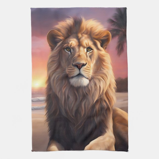 Lion on the beach tea towel (Vertical)