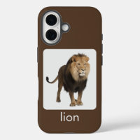 Lion on white and brown with text