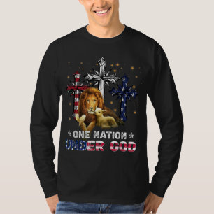 Lion One Nation Under God Cross American Flag 4th T-Shirt
