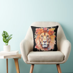 Lion Pastel Flowers Safari Watercolor Savannah Cat Cushion