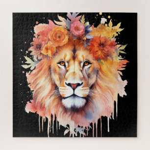 Lion Pastel Flowers Safari Watercolor Savannah Cat Jigsaw Puzzle
