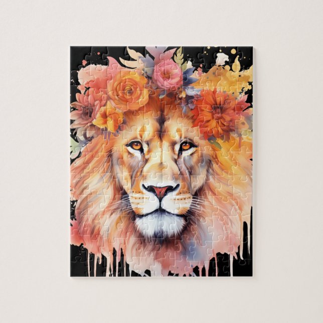 Lion Pastel Flowers Safari Watercolor Savannah Cat Jigsaw Puzzle (Vertical)