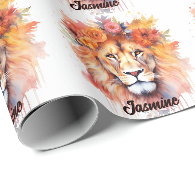 Lion Pastel Flowers Safari Watercolor Savannah Cat Wrapping Paper (Roll Corner)