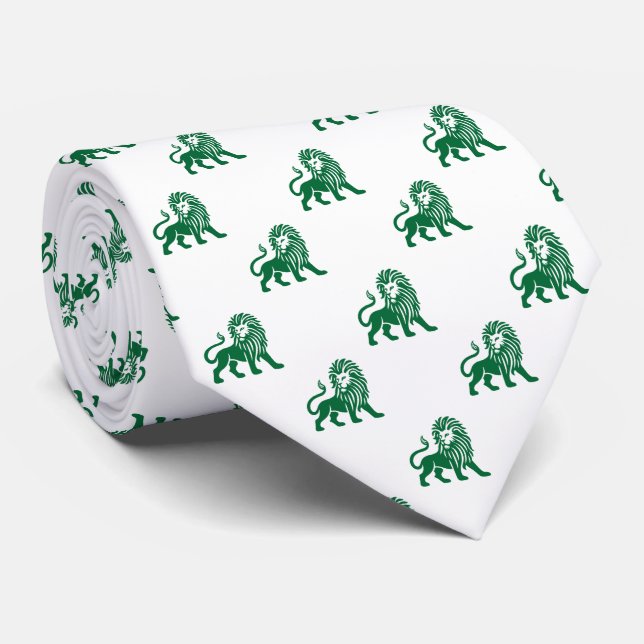 Lion Pattern - Forest Green on White Tie (Rolled)