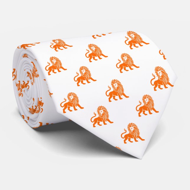 Lion Pattern - Orange on White Tie (Rolled)
