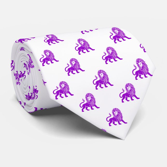 Lion Pattern - Purple on White Tie (Rolled)