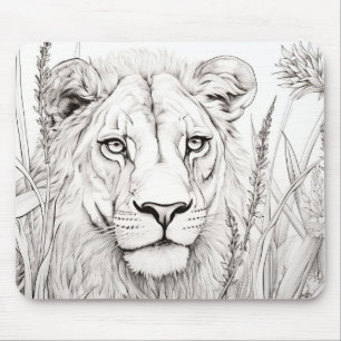 Lion Peaceful Nature Prairie Sketch Drawing Style Mouse Pad