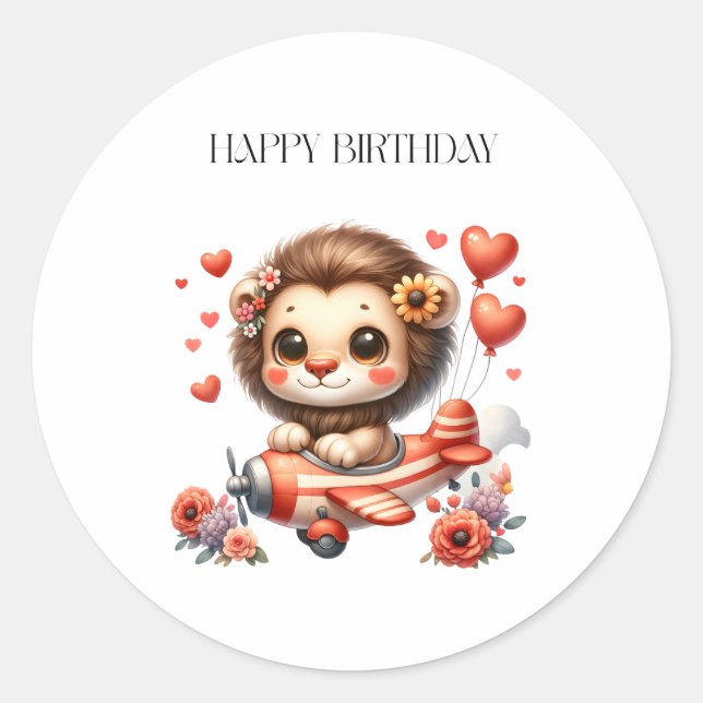 Lion Pilot Birthday Classic Round Sticker (Front)