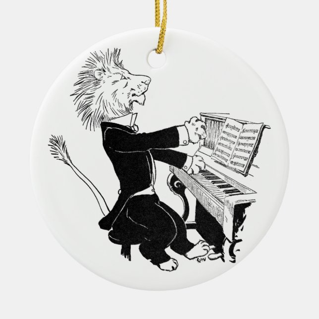 Lion Playing Piano Antique Louis Wain Drawing Ceramic Ornament (Front)