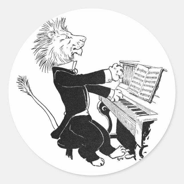 Lion Playing Piano Antique Louis Wain Drawing Classic Round Sticker (Front)