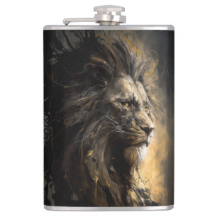 Lion Portrait Animal Nature Wildlife Dark Painting Hip Flask