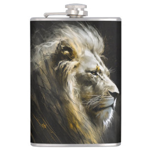 Lion Portrait Animal Nature Wildlife Dark Painting Hip Flask