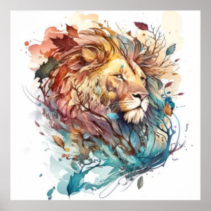 Lion Portrait Animal Painting Wildlife Outdoors Poster